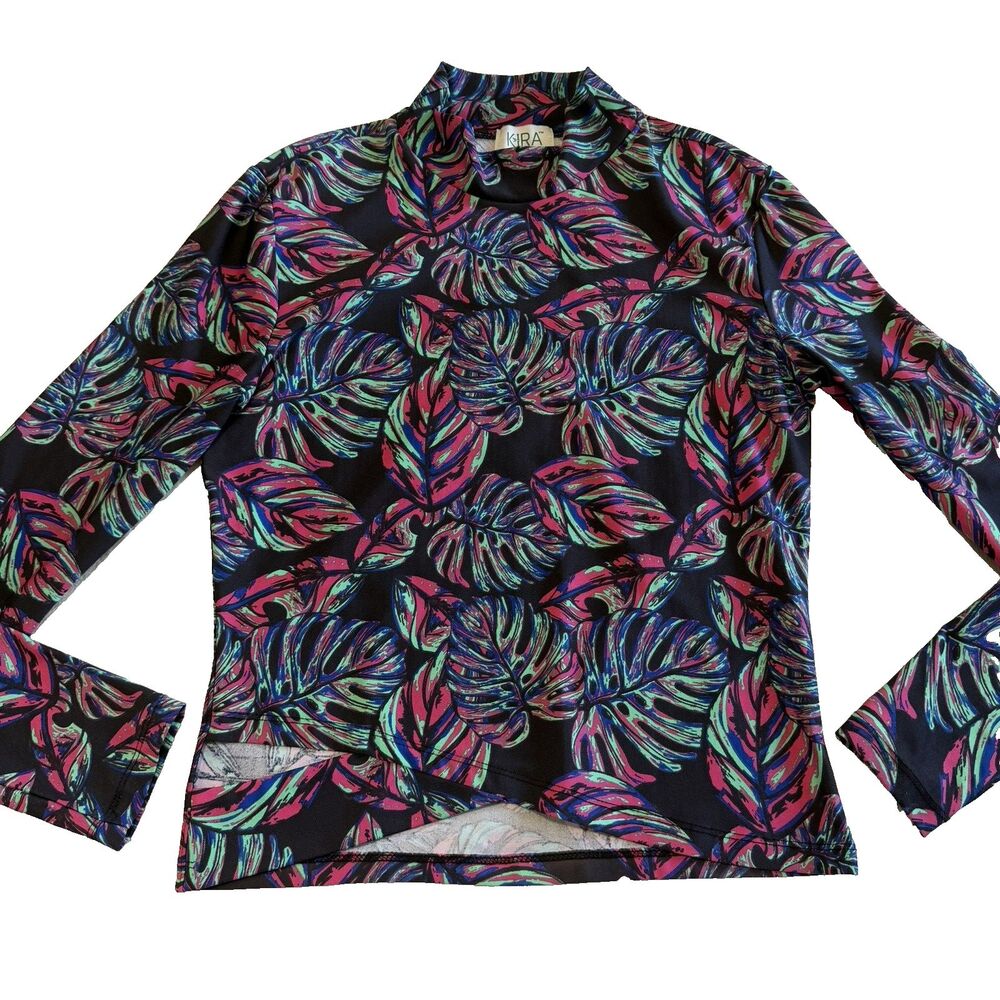 Kira Lifestyle Athletic Cropped Long Sleeve Tropical Print Active Top Size M